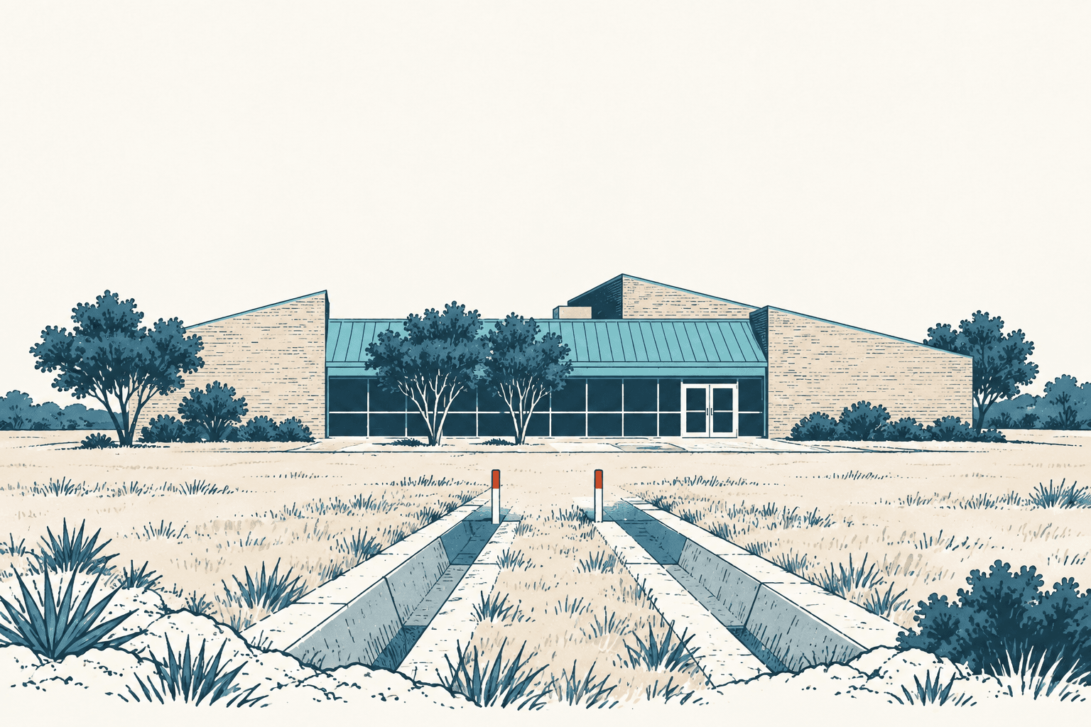 Stylized cream, navy, and muted-blue illustration of a municipal building behind dry drainage channels and native landscaping.