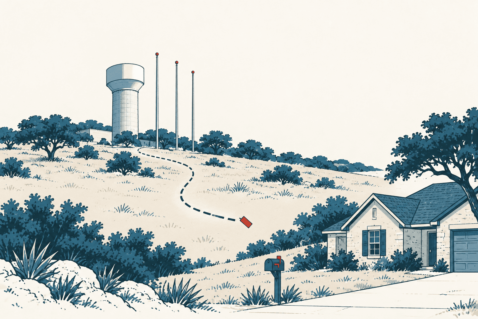 Stylized cream and navy illustration of a suburban home and mailbox below a hilltop water tower, with a dotted path and red notice suggesting a proposed city property tax increase.