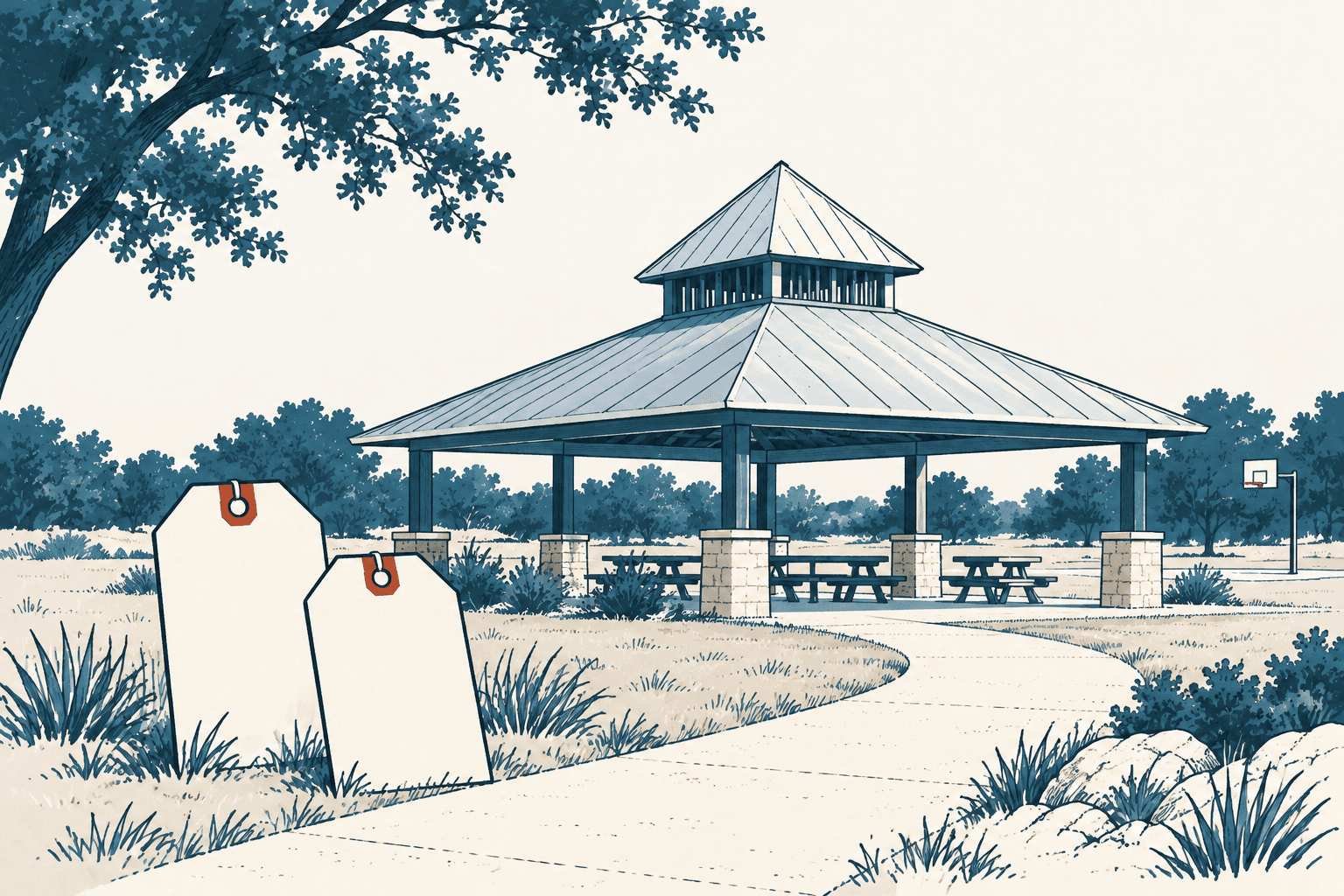 Airy cream-and-navy illustration of a park pavilion with picnic tables, a basketball hoop and two blank price tags in the foreground.