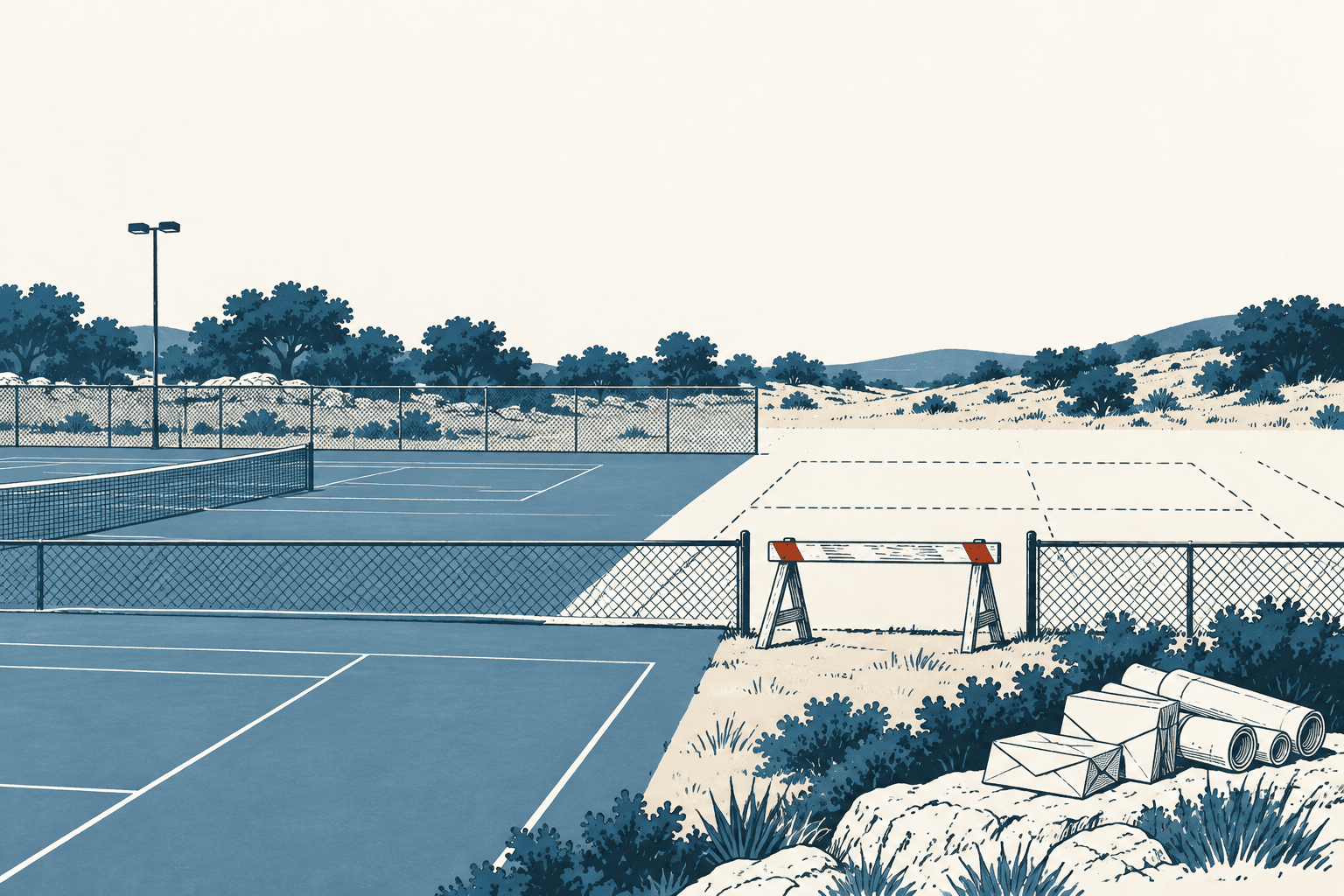 Empty blue tennis courts beside an undeveloped court area, with a barricade, rolled plans and construction materials in the foreground.