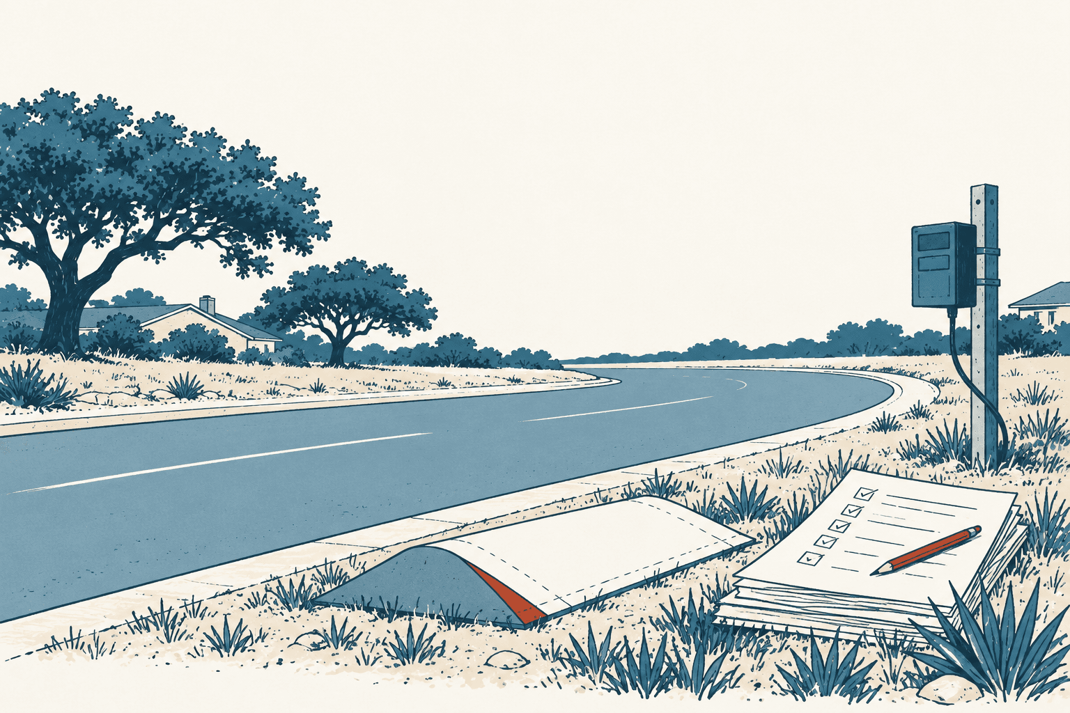 Airy cream and muted blue illustration of a curving neighborhood road, with a roadside traffic counter, petition papers, a checklist, and a pencil in the foreground.