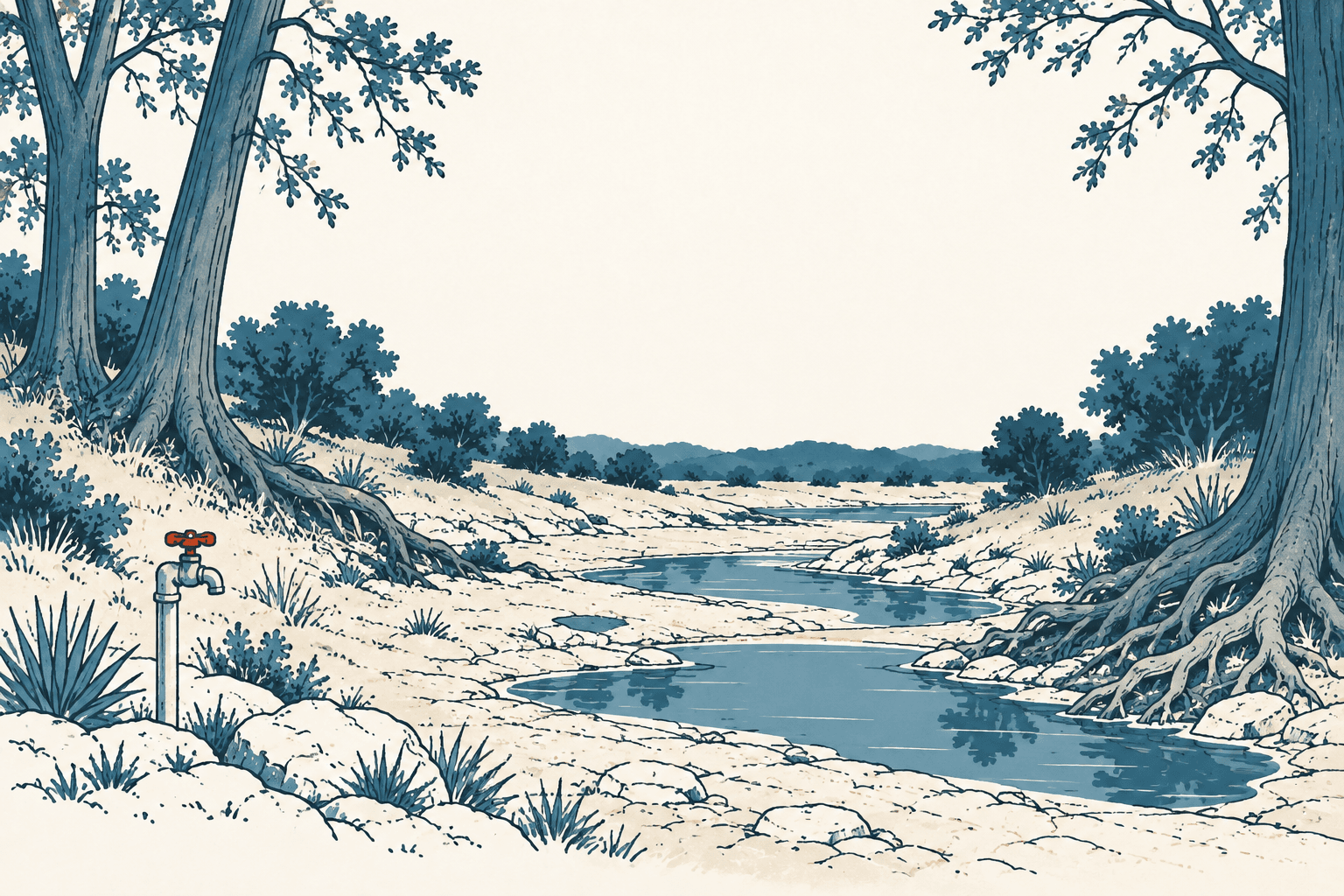 Stylized cream, navy and muted-blue illustration of a closed faucet beside a nearly dry, rocky creek framed by trees and scrub.