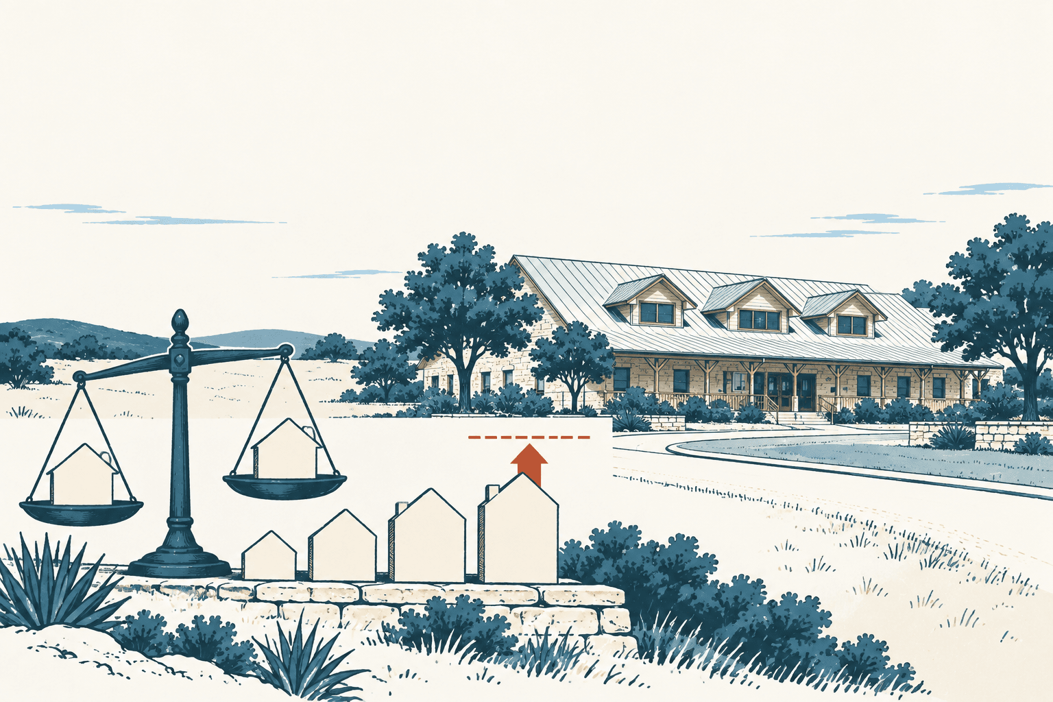Editorial illustration of a civic building behind a balance scale, house icons, and an upward arrow, symbolizing a proposed increase in Bulverde’s property tax rate.