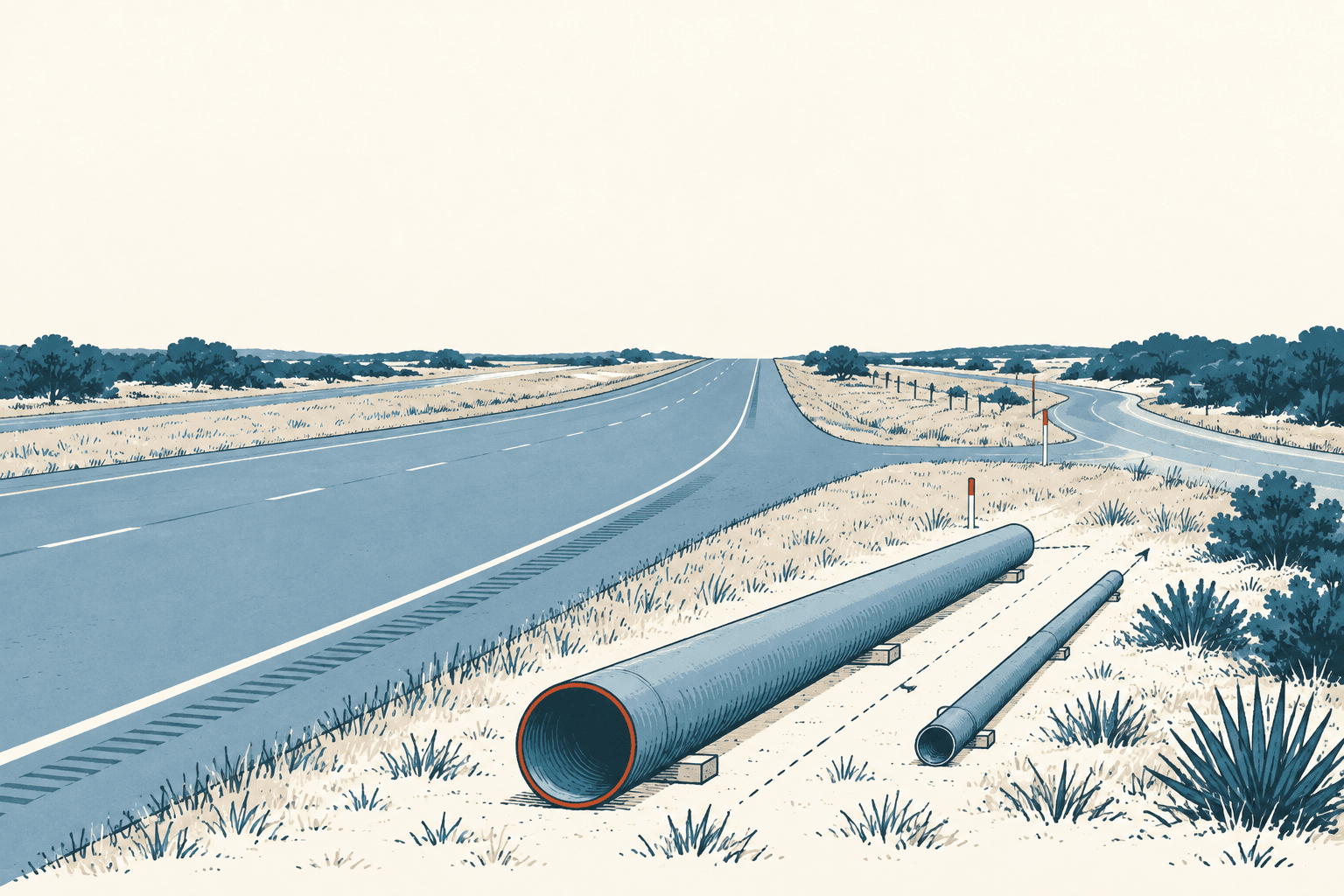 Two blue pipes lie beside a highway running through pale grassland, with shrubs and a smaller road in the distance.