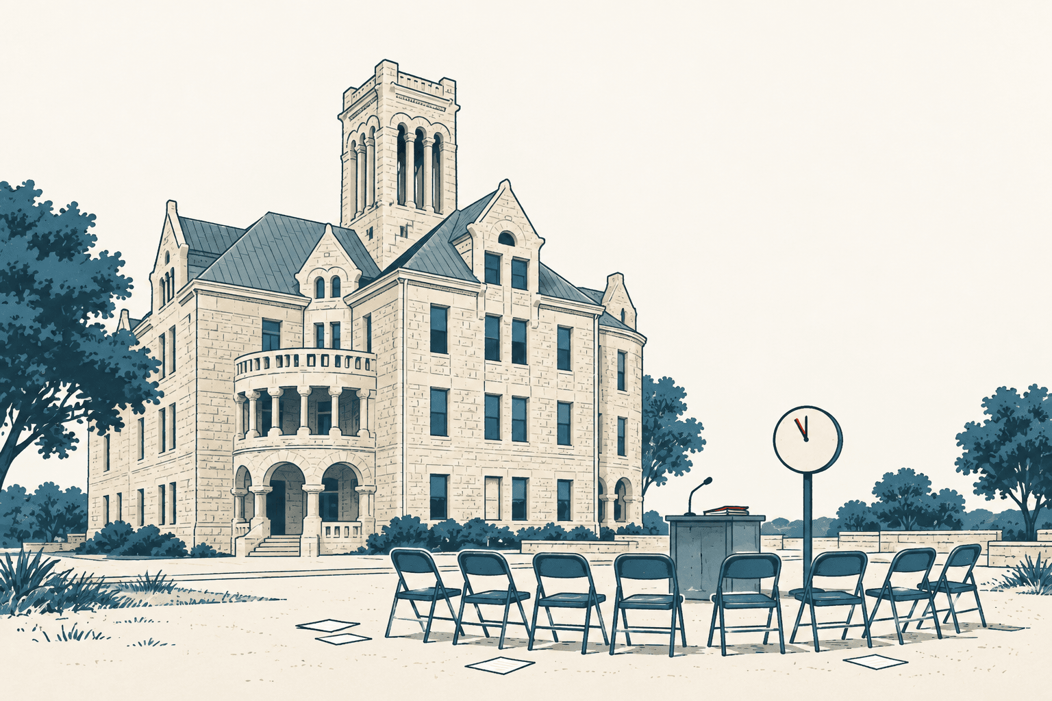 Editorial illustration of a historic county courthouse behind rows of empty folding chairs, a podium and a clock, rendered in airy cream, navy and muted blue.
