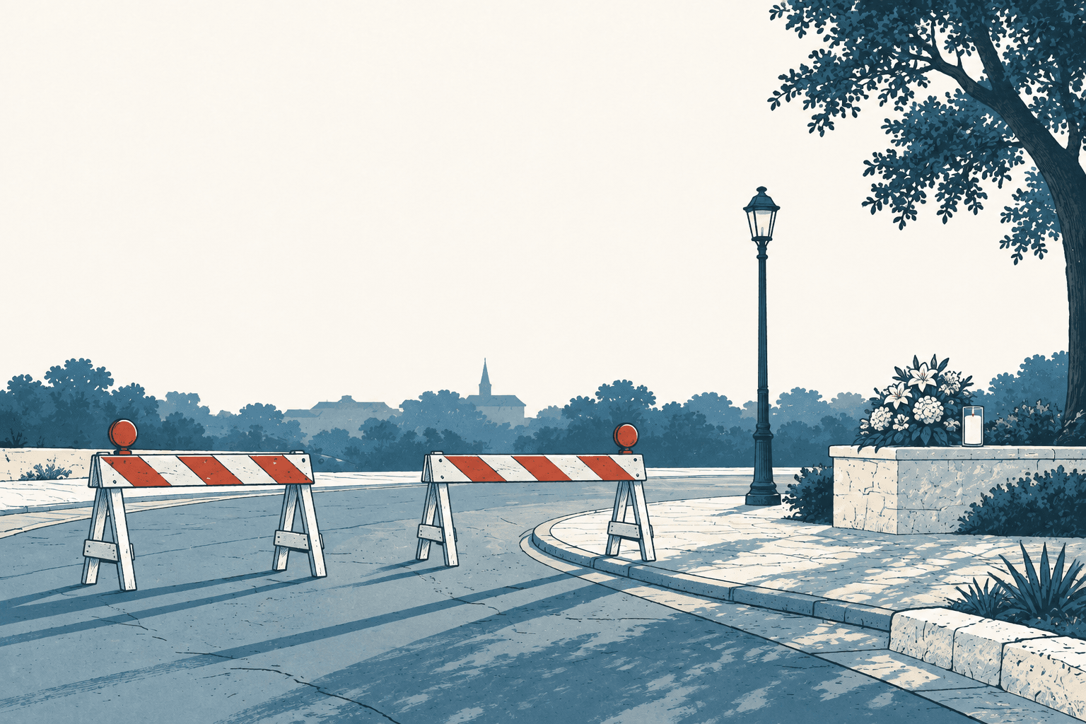 Illustration of two striped barricades blocking a curved plaza road near a lamppost, flowers and a memorial candle.