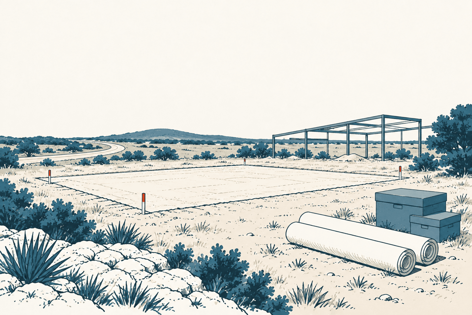 Stylized illustration of a highway-side construction site with a concrete slab, partial steel frame, rolled plans and supply boxes.