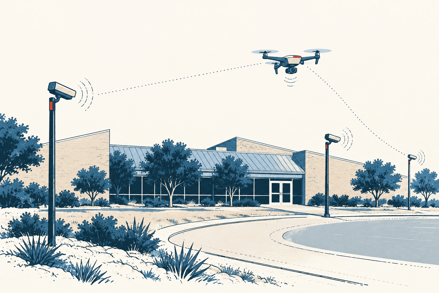 Airy cream, navy and muted-blue illustration of a drone flying above a public-safety building while communicating with several roadside surveillance cameras.
