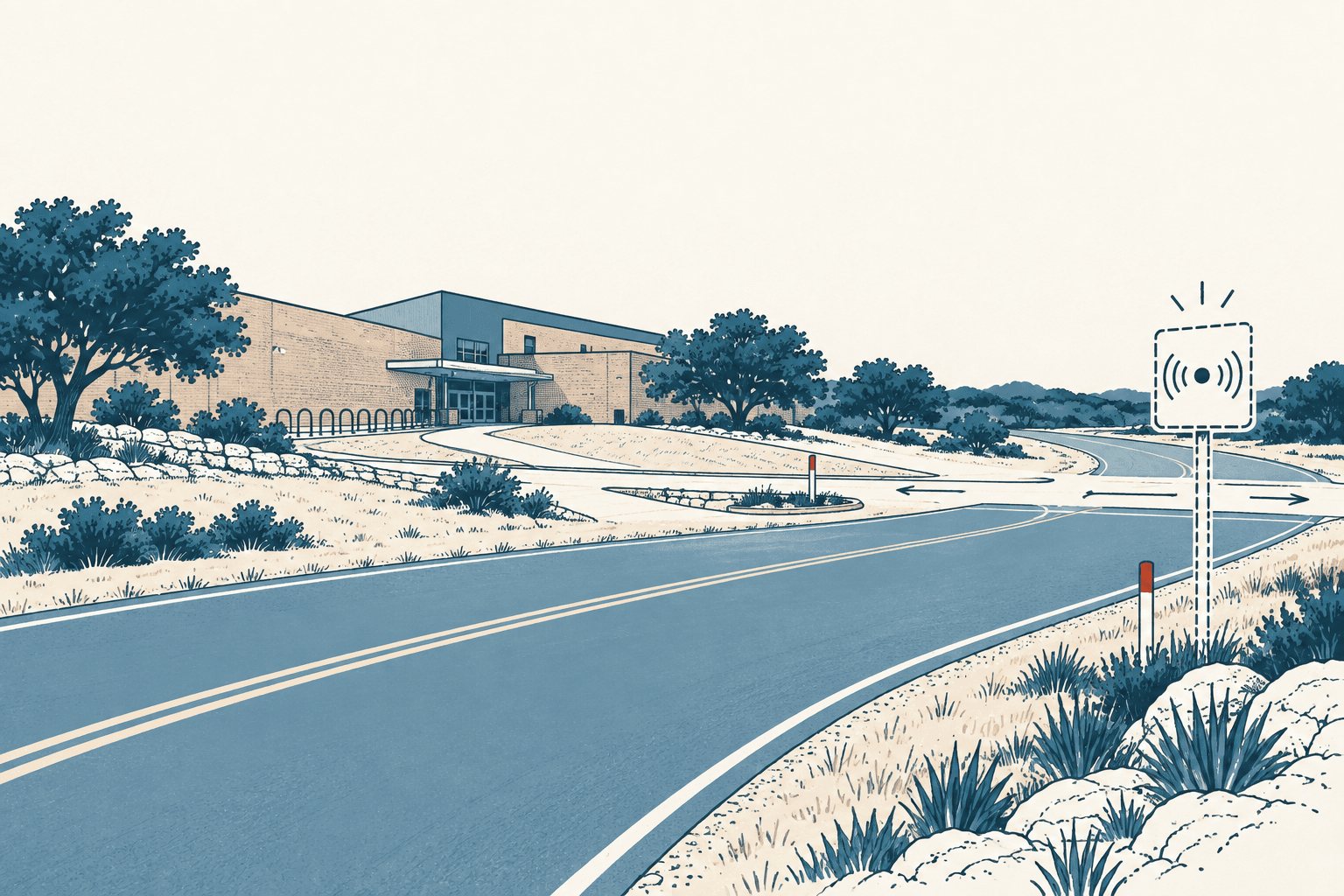 Airy cream, navy and muted-blue illustration of a curving two-lane road, school building and roadside radar speed sign amid trees and rocky landscaping.