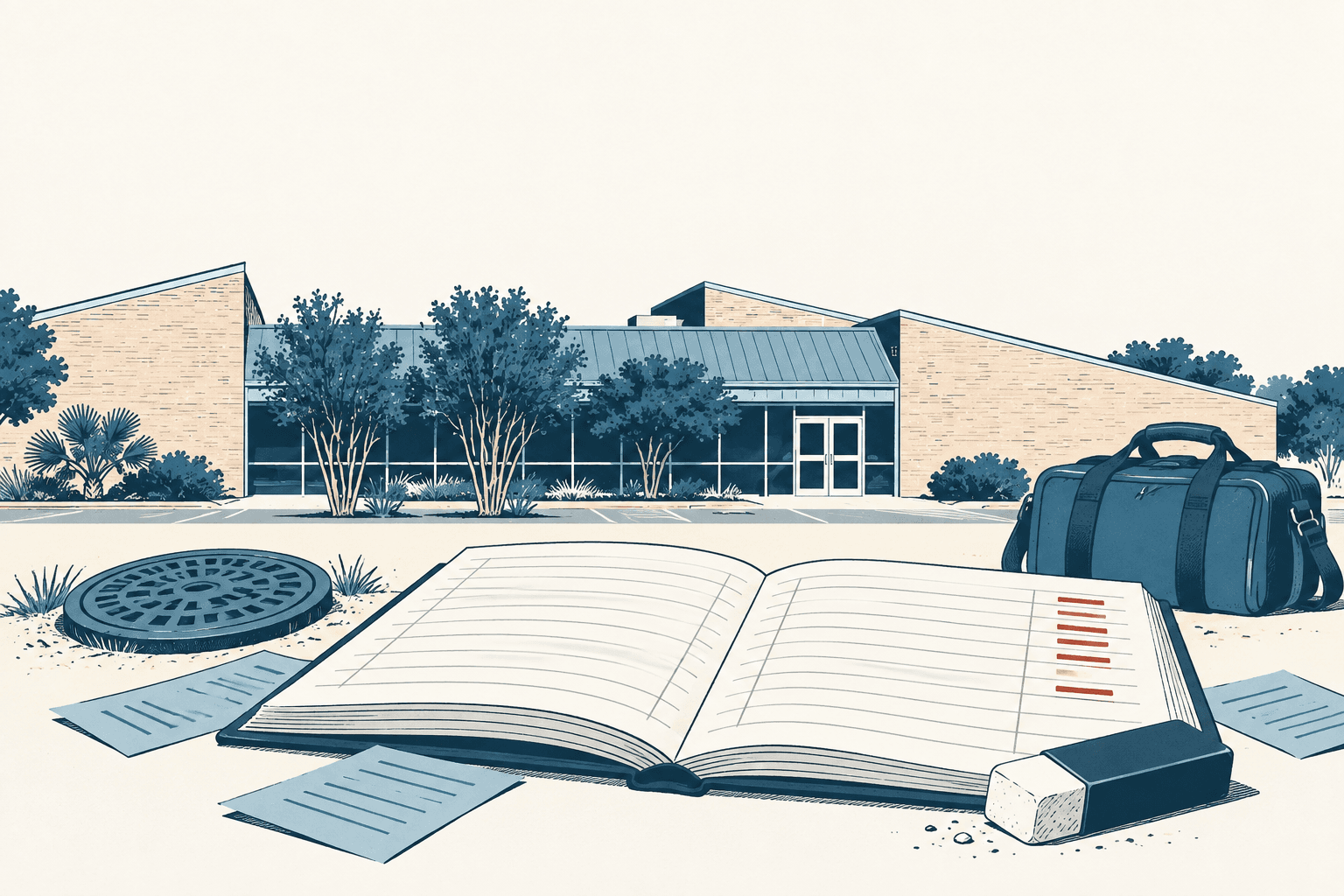 Stylized cream, navy and muted-blue illustration of an open ledger with red balance marks, an eraser and a bag in front of a municipal building.