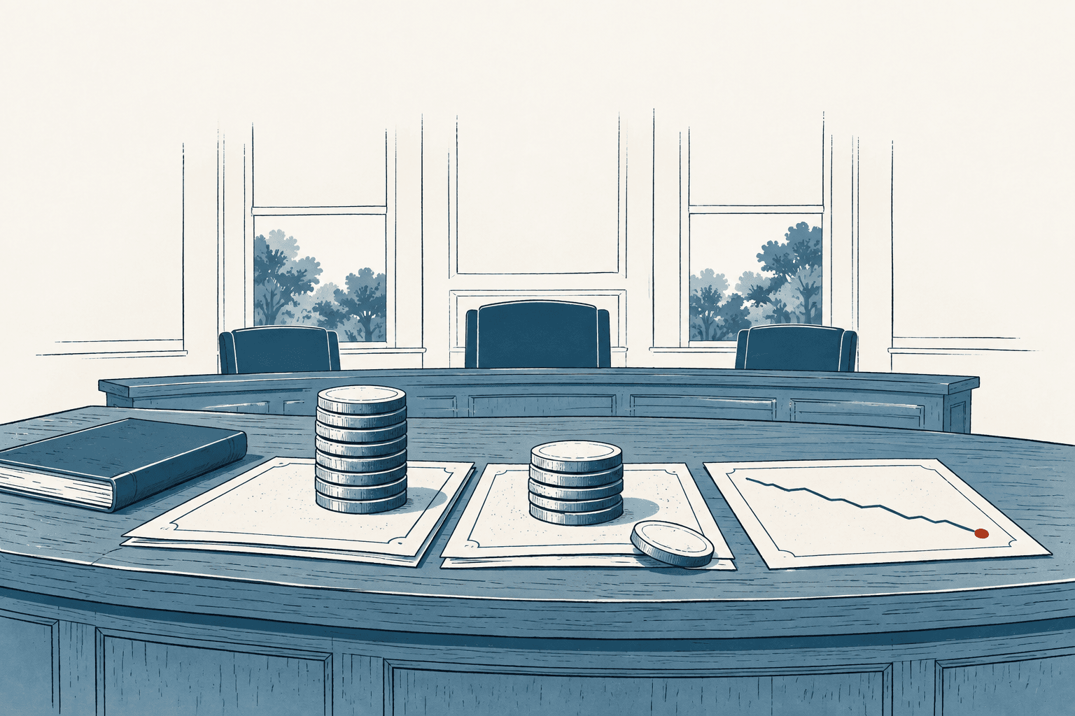 Stacks of coins and a downward-trending chart rest on papers before empty county meeting chairs in an airy cream and muted-blue illustration.
