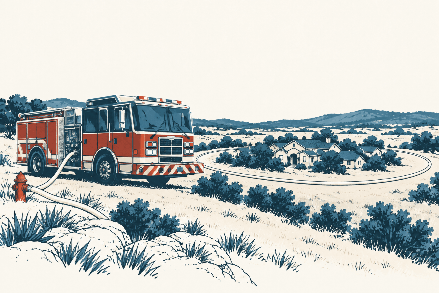 Stylized red fire engine connected by hose to a hydrant on a rural hillside overlooking homes and rolling terrain.