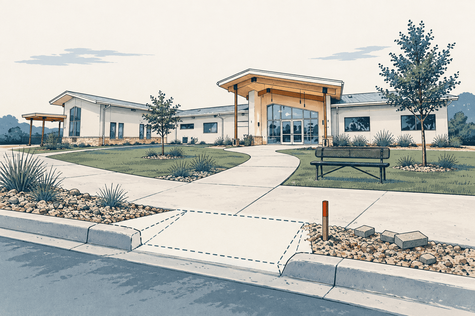 Airy hand-drawn illustration of a curb ramp outlined beside a landscaped walkway leading to a modern community building, rendered in cream, navy, muted blue and restrained rust.
