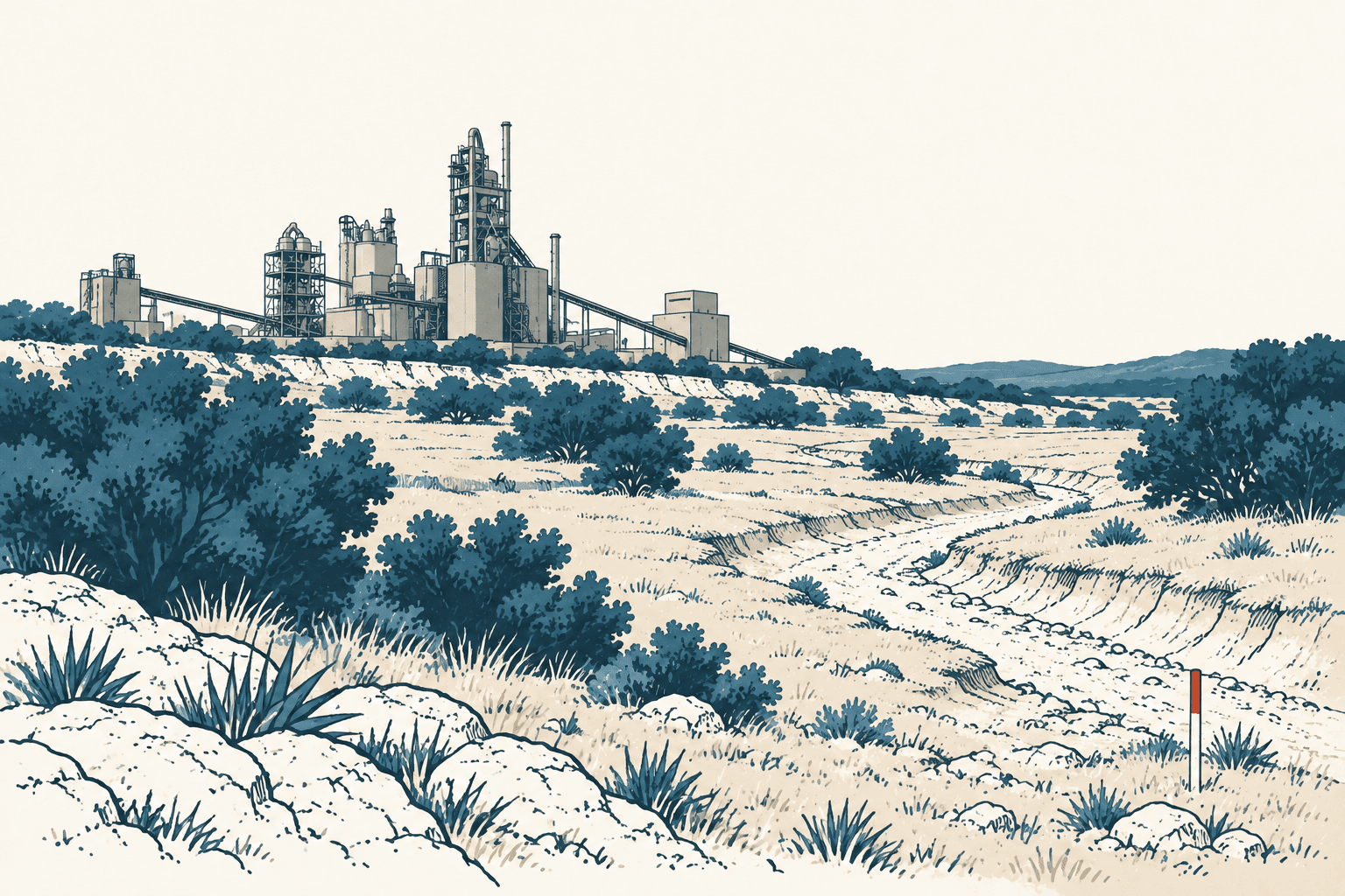 Editorial illustration of a cement plant beyond a rocky, dry floodplain channel surrounded by pale grass, shrubs and agave.