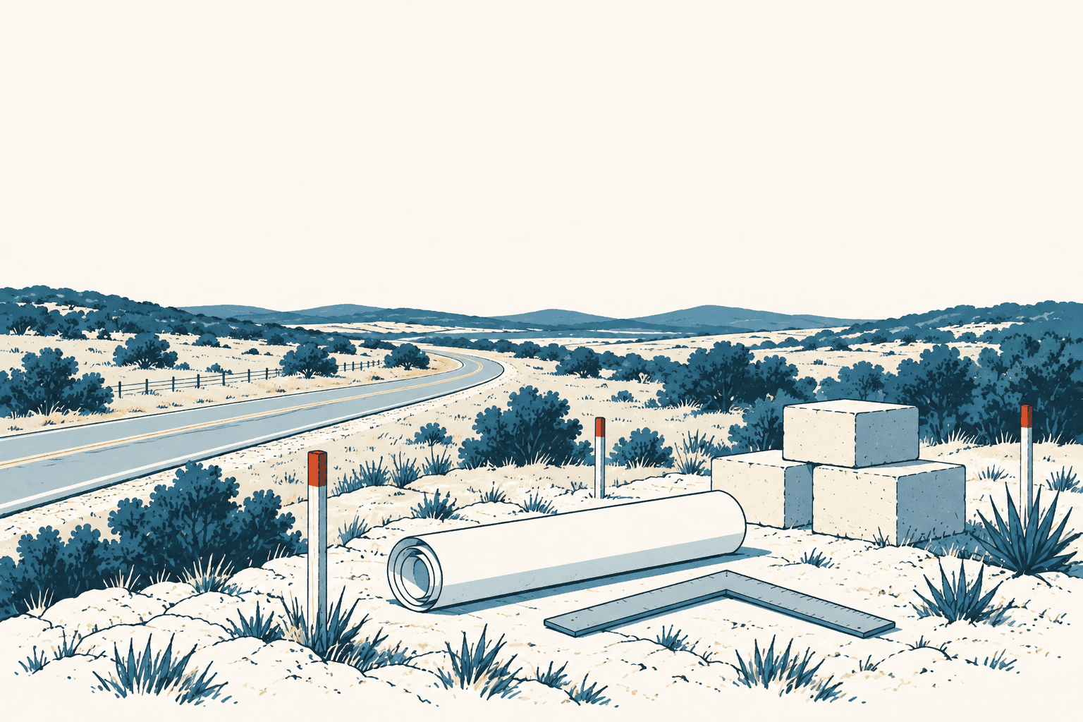 Stylized illustration of rolled plans, a framing square and concrete blocks at a rural roadside construction site.