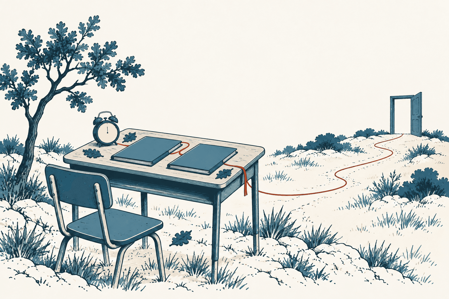 An empty school desk with notebooks and an alarm clock sits in a sparse cream-and-blue landscape, connected by a red winding path to an open door in the distance.