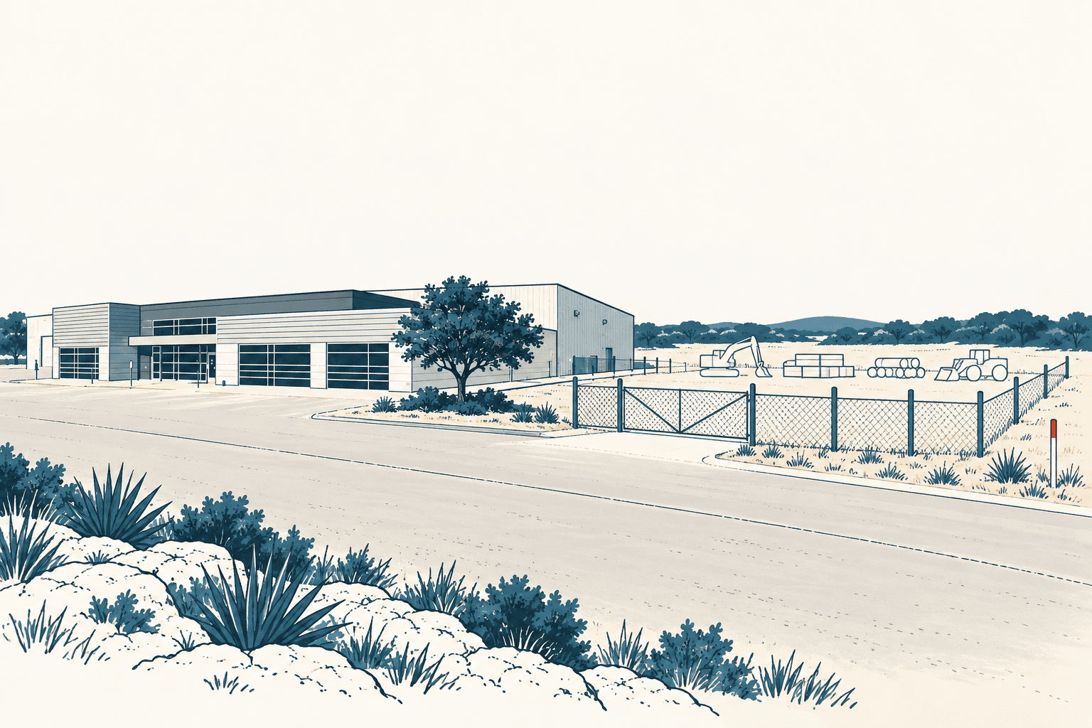 Airy cream and muted-blue illustration of a low industrial equipment building beside a fenced storage yard with an excavator, tractor, pipes and materials.