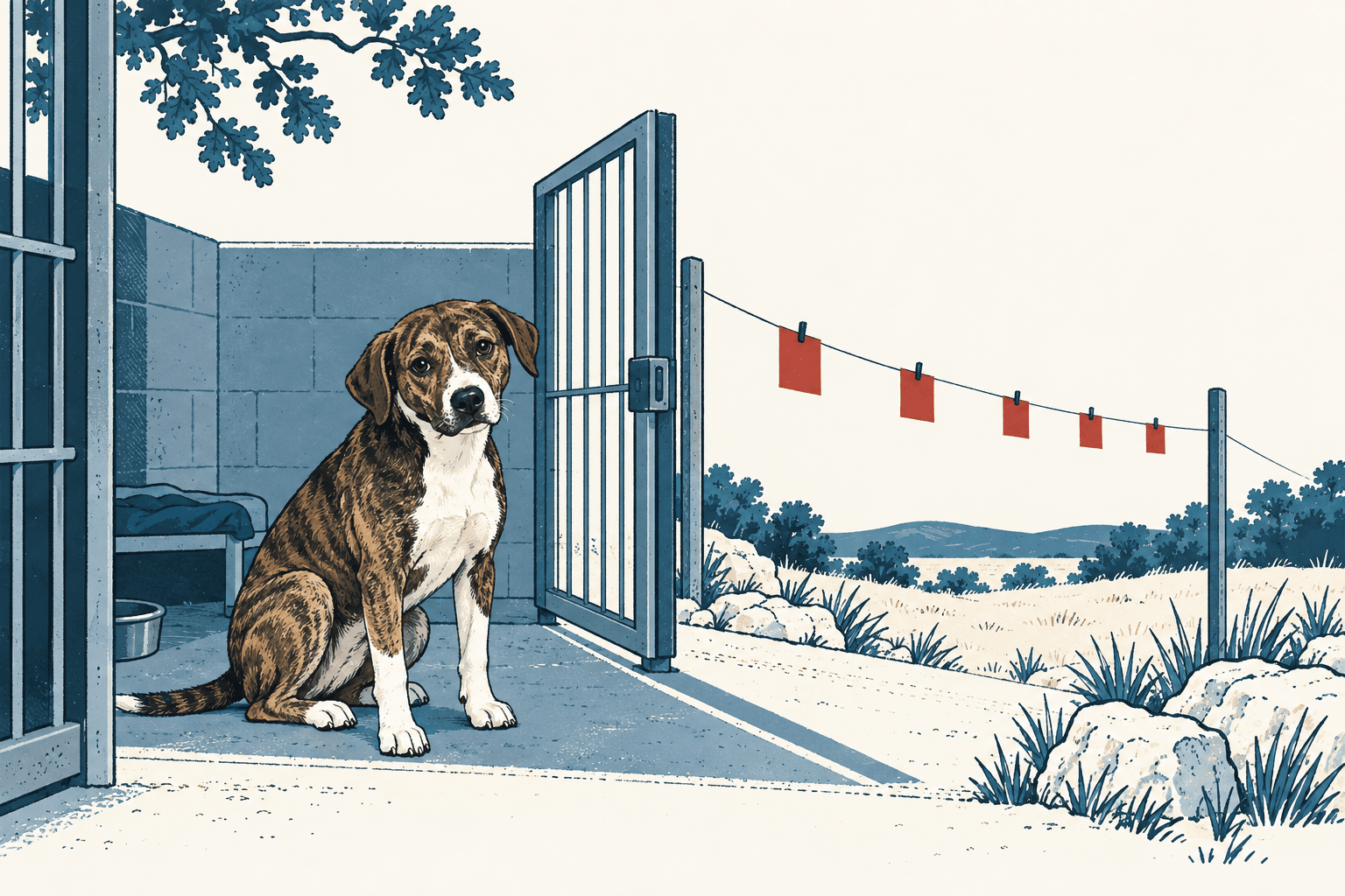Brindle-and-white dog sitting in a shelter kennel near an open gate, with red intake cards hanging outside.