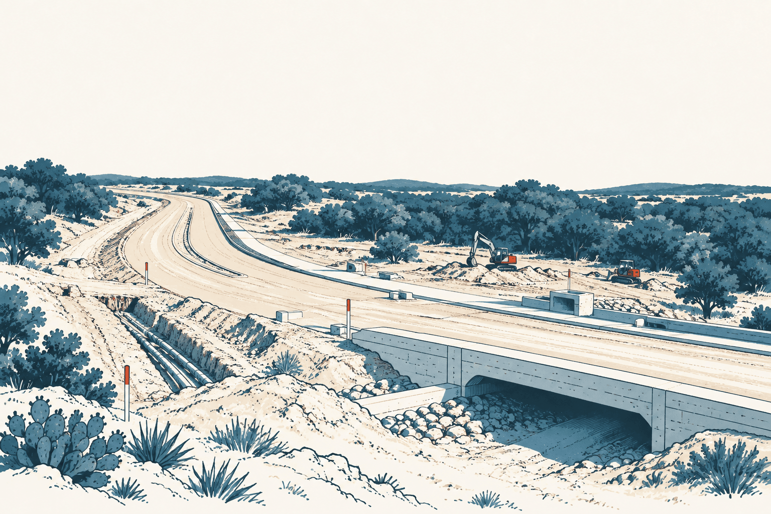 Editorial illustration of a broad roadway under construction, with drainage culverts, utility pipes and excavators amid scrub-covered terrain.