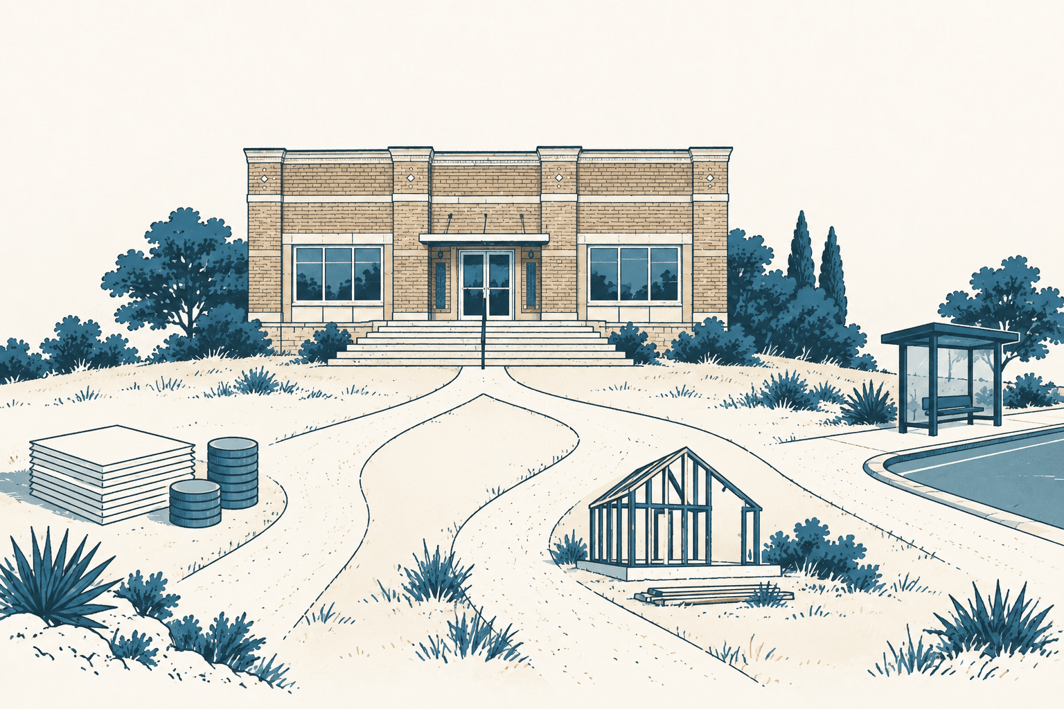 Airy cream, navy and muted-blue illustration of a municipal building overlooking branching paths, construction materials, a small house frame, a bus stop and a curved roadway.
