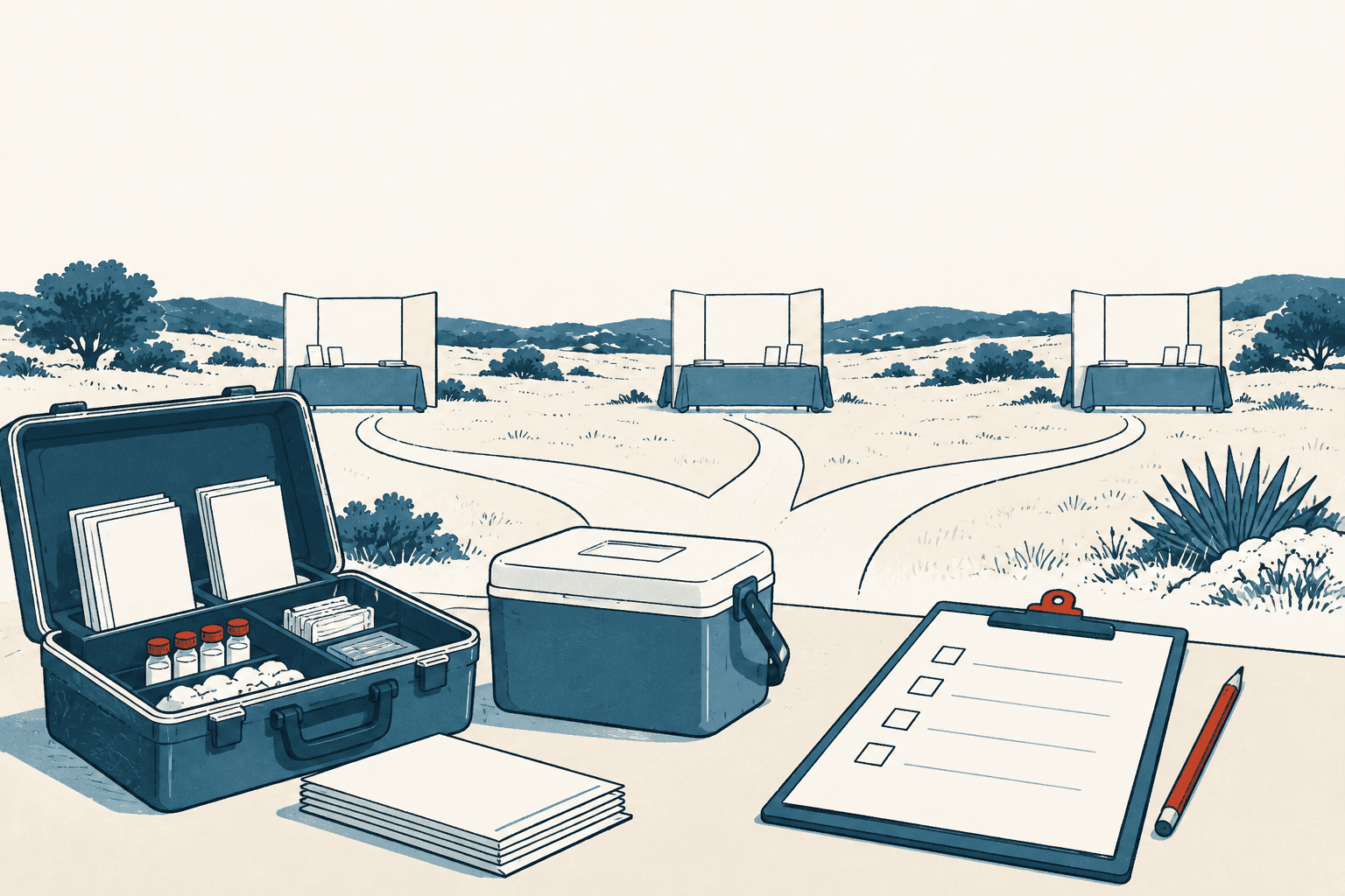 An open medical supply case, cooler, blank checklist and pencil sit before branching paths leading to three outreach booths in a rural landscape.