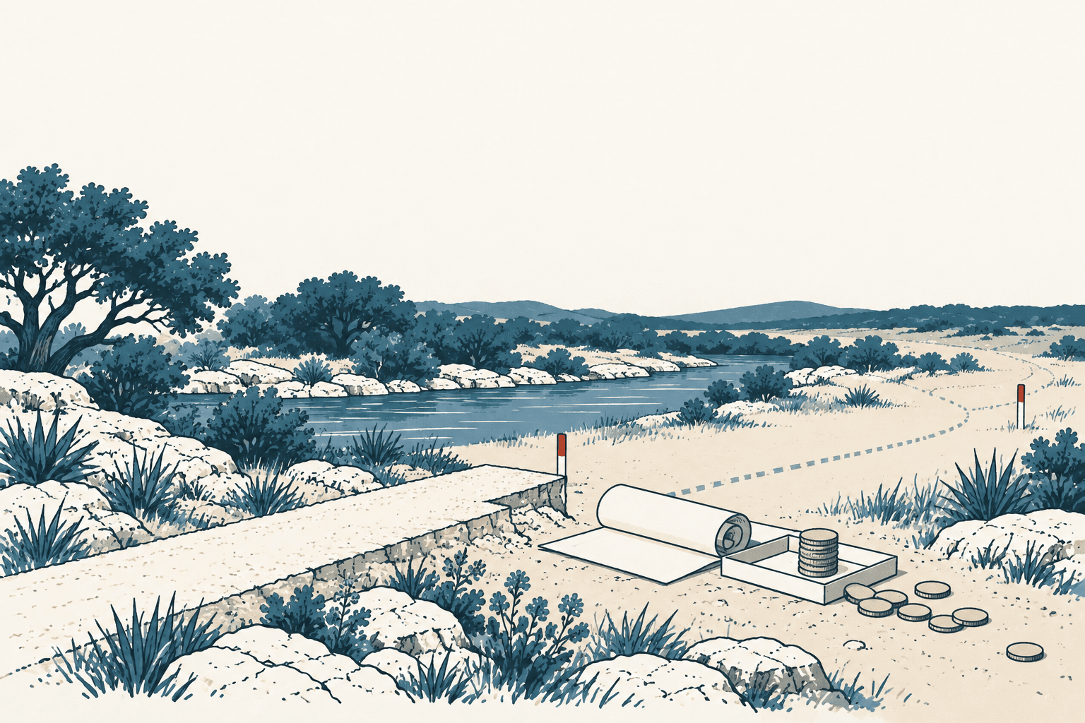 Airy cream and muted-blue illustration of a trail winding beside a waterway, with rolled plans and stacks of coins in the foreground.