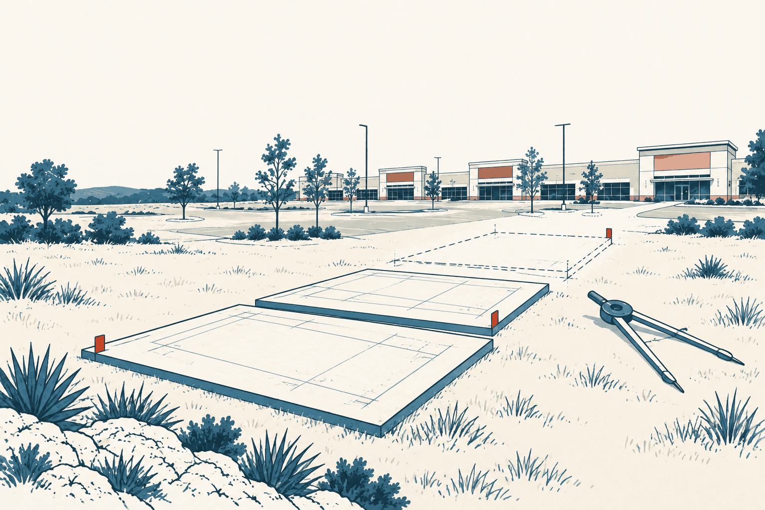 Airy cream, navy and muted-blue illustration of a college campus behind three outlined foundation plans, with a drafting compass in the foreground.