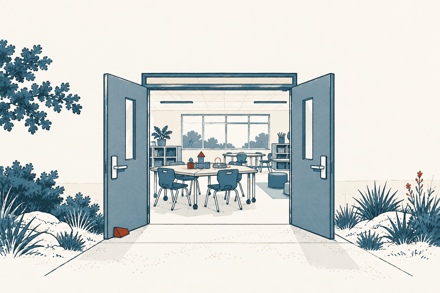 Airy cream and muted-blue illustration of open school doors leading into a modern classroom with movable tables, chairs, shelves and learning materials.