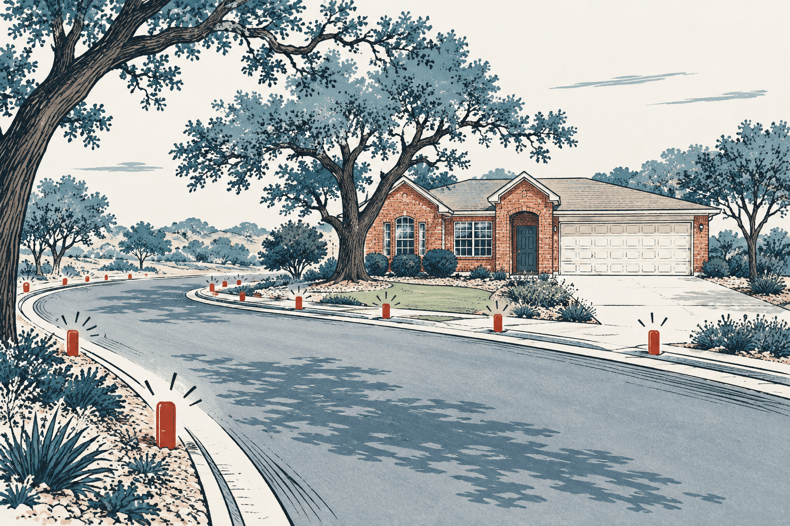 Hand-drawn editorial illustration of a quiet, curving residential road with rust-colored traffic markers, a brick house and leafy trees in muted blue and navy tones.