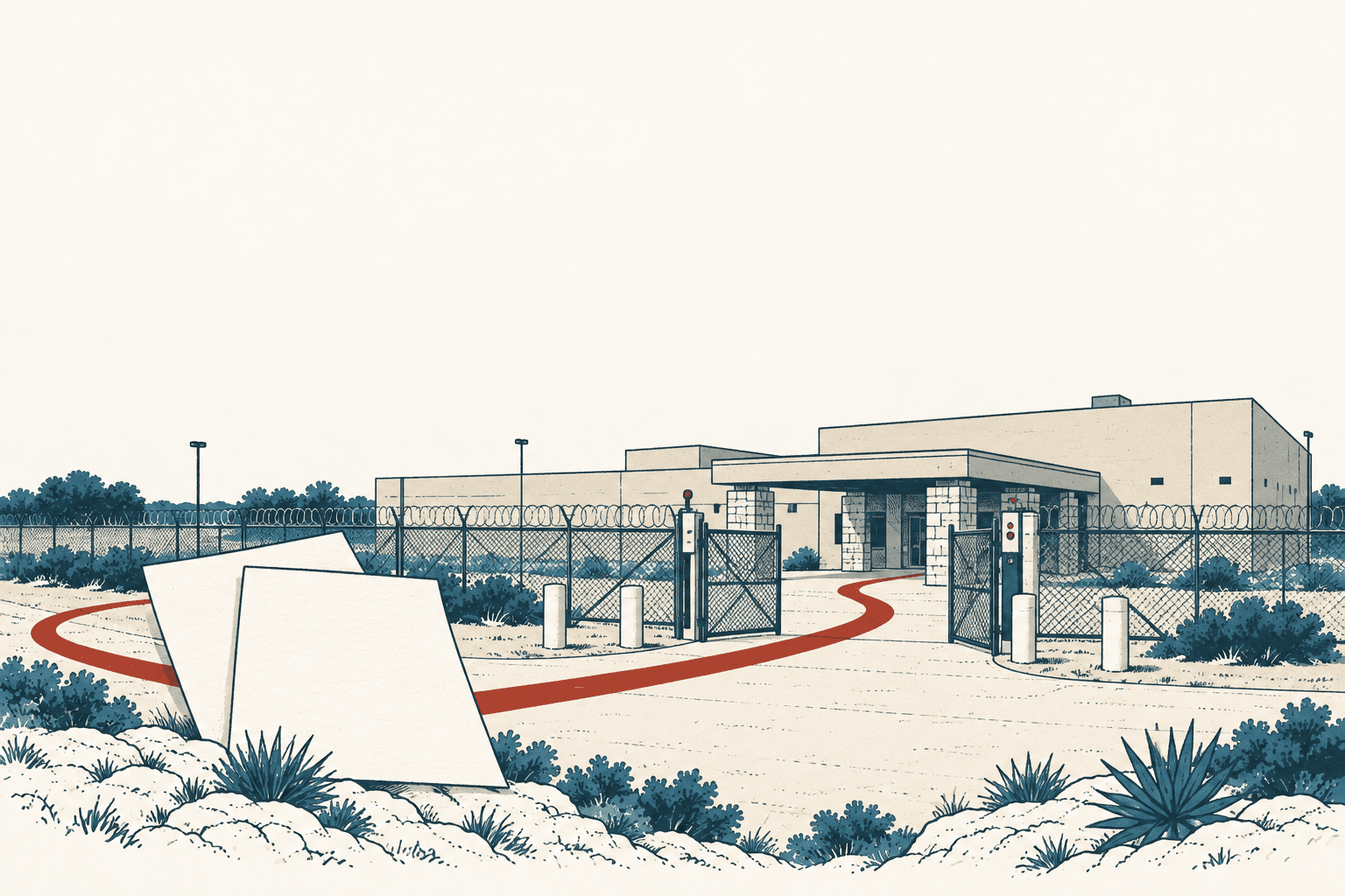 Stylized cream, navy and muted-red illustration of a jail entrance surrounded by chain-link fencing, razor wire and sparse Texas vegetation.