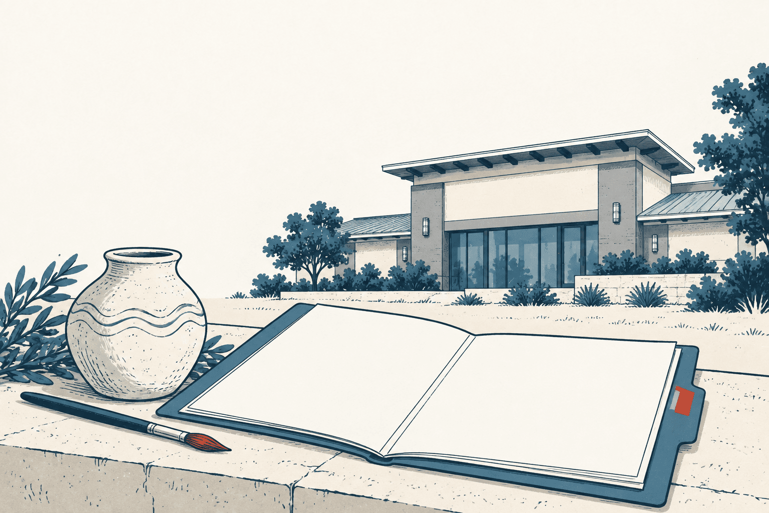 An open blank folder, paintbrush, and decorated pottery sit before a modern building in an airy cream and muted blue illustration.