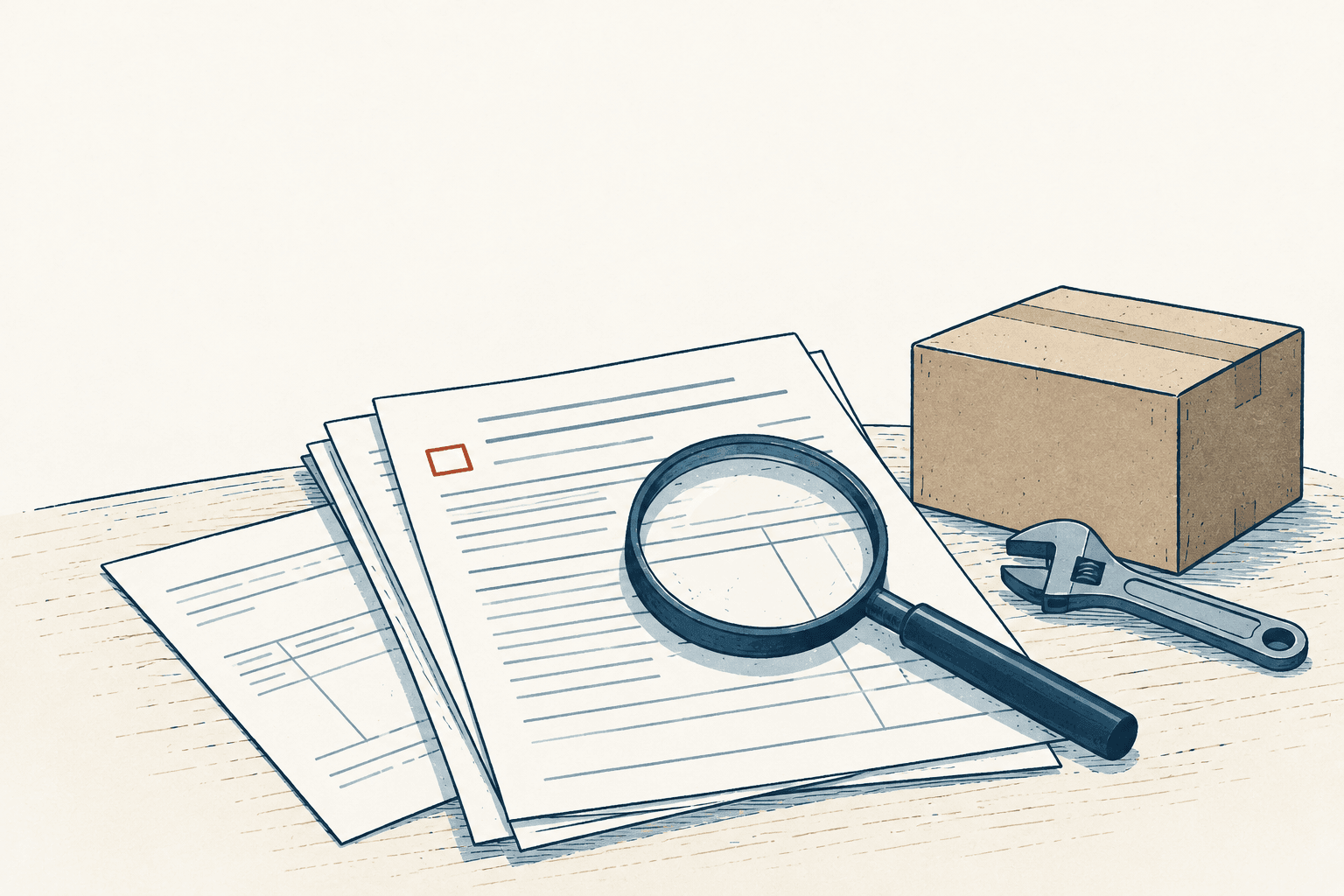 Illustrated papers with abstract lines and a checkbox sit beneath a magnifying glass beside a cardboard box and wrench.