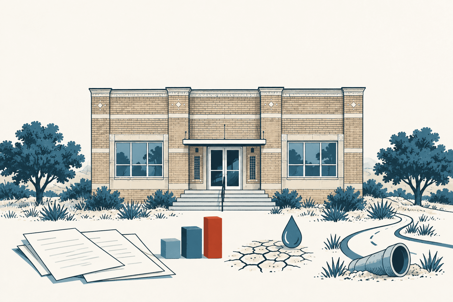 Airy cream, navy and muted-blue illustration of a municipal building with budget papers, a bar chart, cracked soil and a water drop, plus a winding road and sewer pipe.