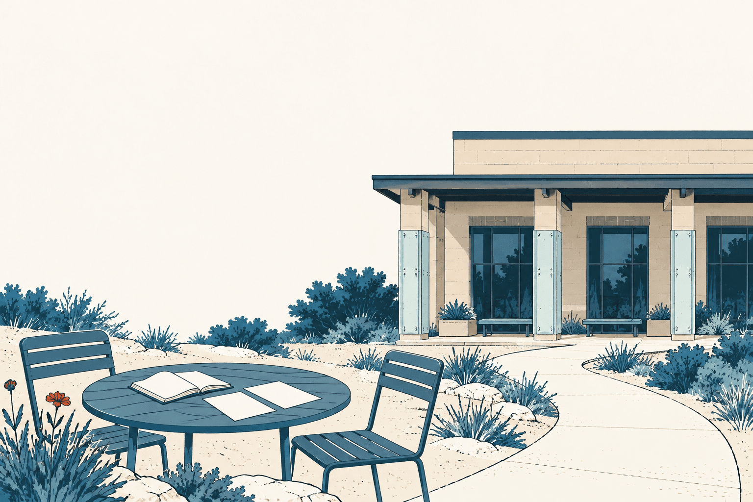 Illustrated outdoor table and chairs with an open notebook and loose papers beside a cream colored community building.