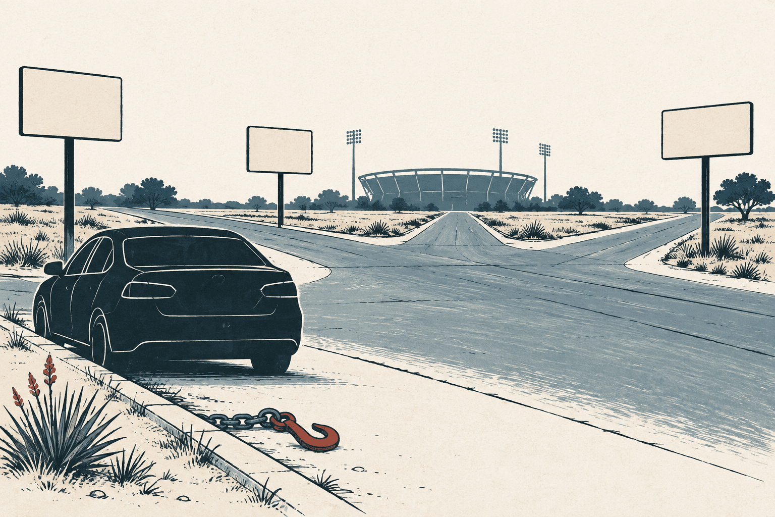 Airy hand-drawn illustration of a parked navy car beside a rust-colored tow hook, with several roads converging toward a distant stadium.
