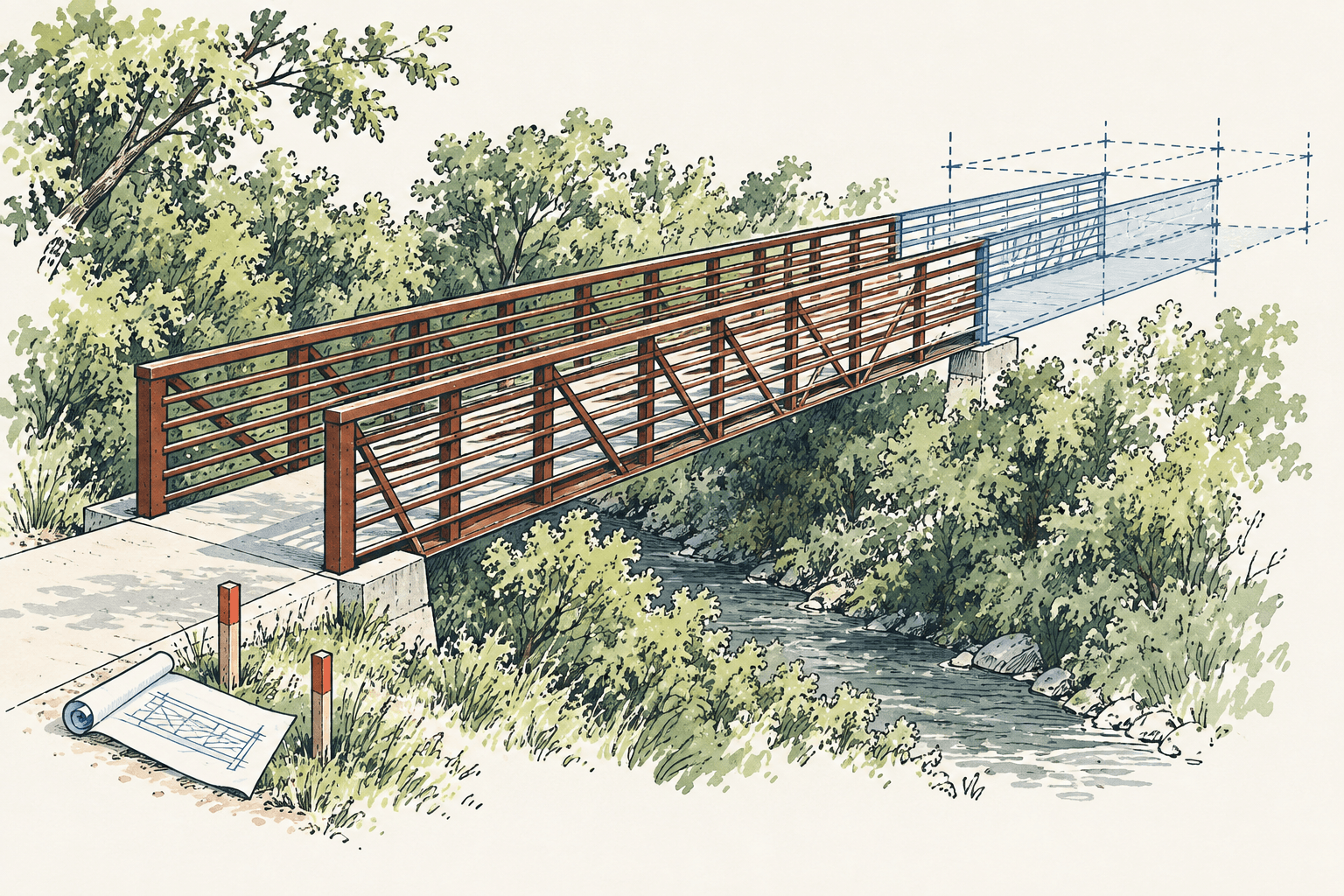 Airy hand-drawn illustration of a rust-colored pedestrian bridge over a creek, with cream space, muted foliage and blue construction lines suggesting a proposed trail extension.