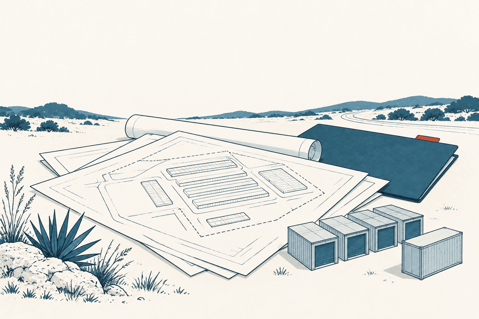 Illustration of rolled site plans, a folder and several storage containers arranged in a sparse Texas landscape.