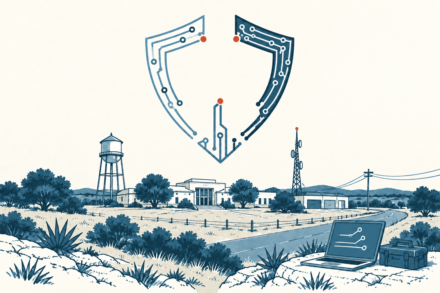 Stylized cream, navy and muted-blue illustration of a rural county complex with a water tower, communications mast and laptop beneath a large circuit-board shield.