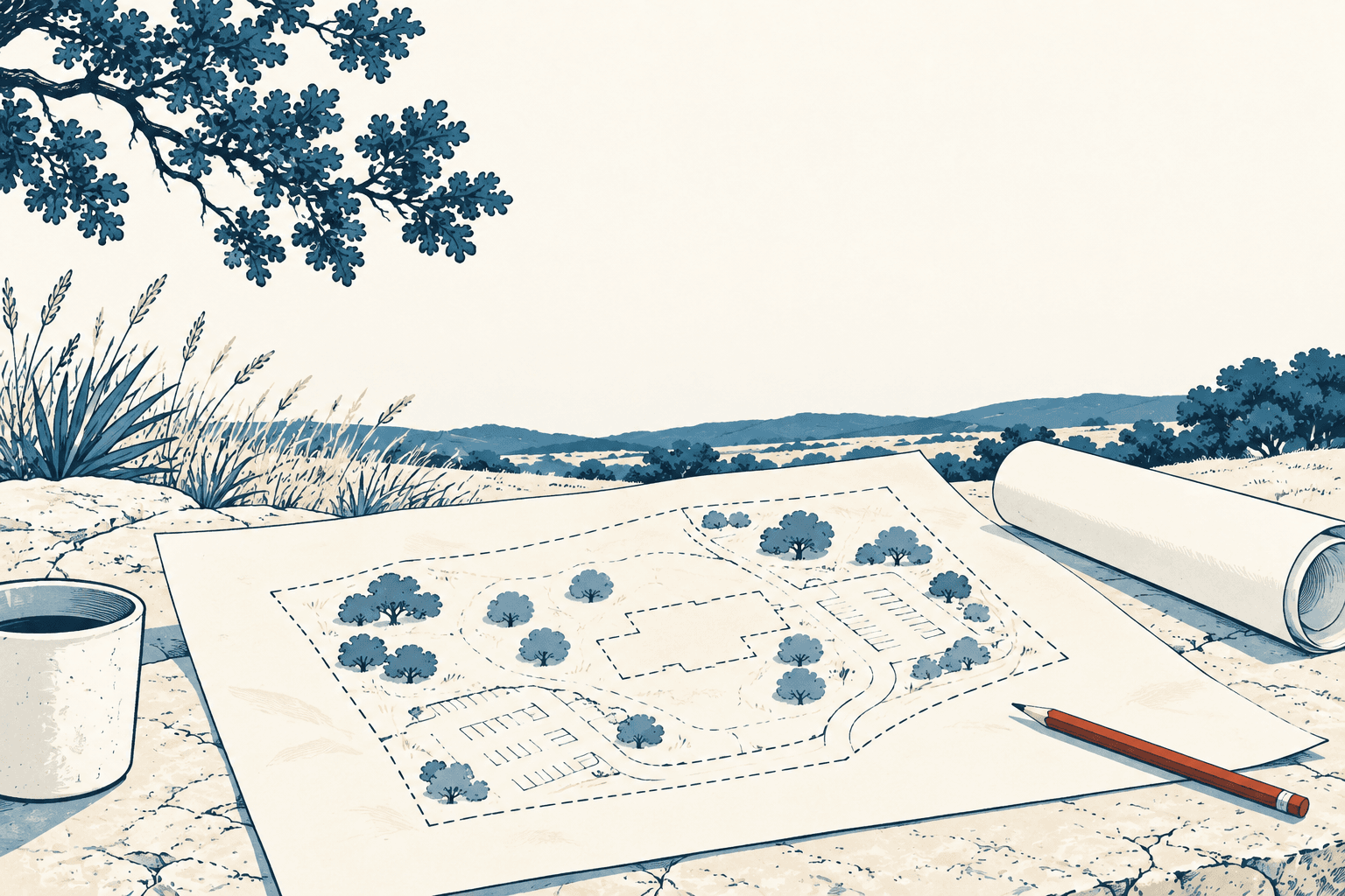 An illustrated site plan with trees and parking spaces lies beside a rolled drawing and pencil in a blue and cream landscape.