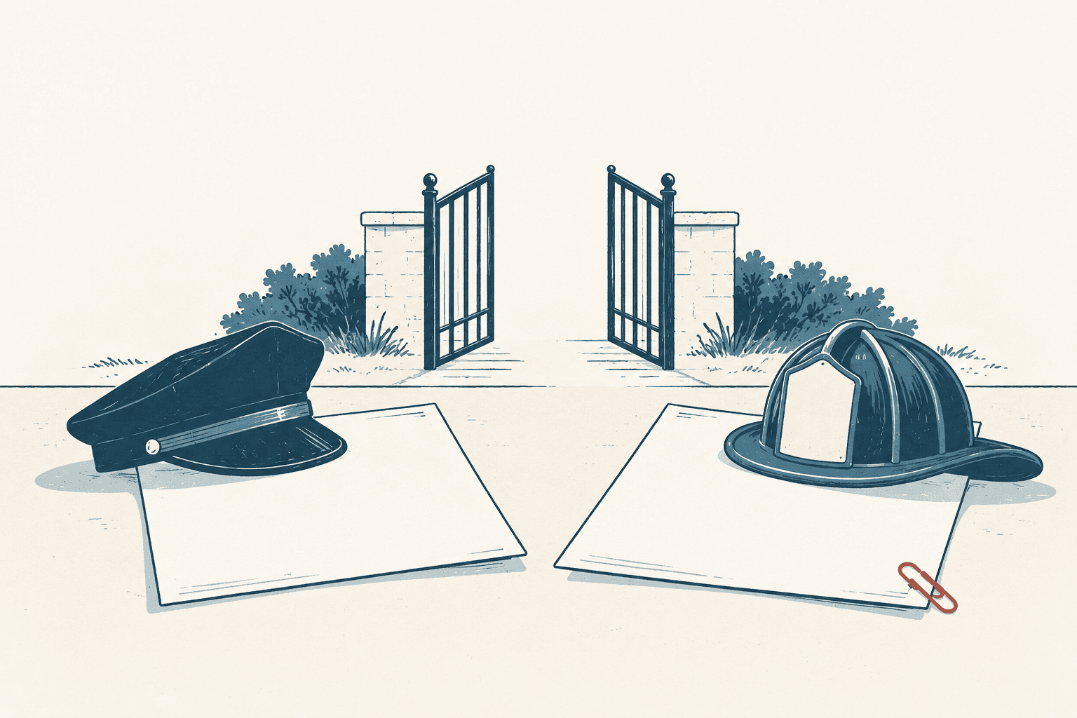 A police cap and firefighter helmet rest on blank papers before an open gate, rendered in airy cream, navy and muted blue.