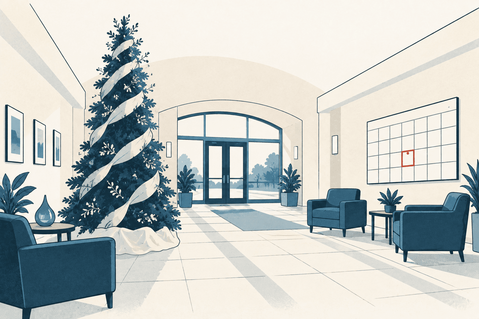 Airy cream and muted-blue illustration of a civic lobby with a decorated tree, empty chairs and a large wall calendar with one date outlined in red.