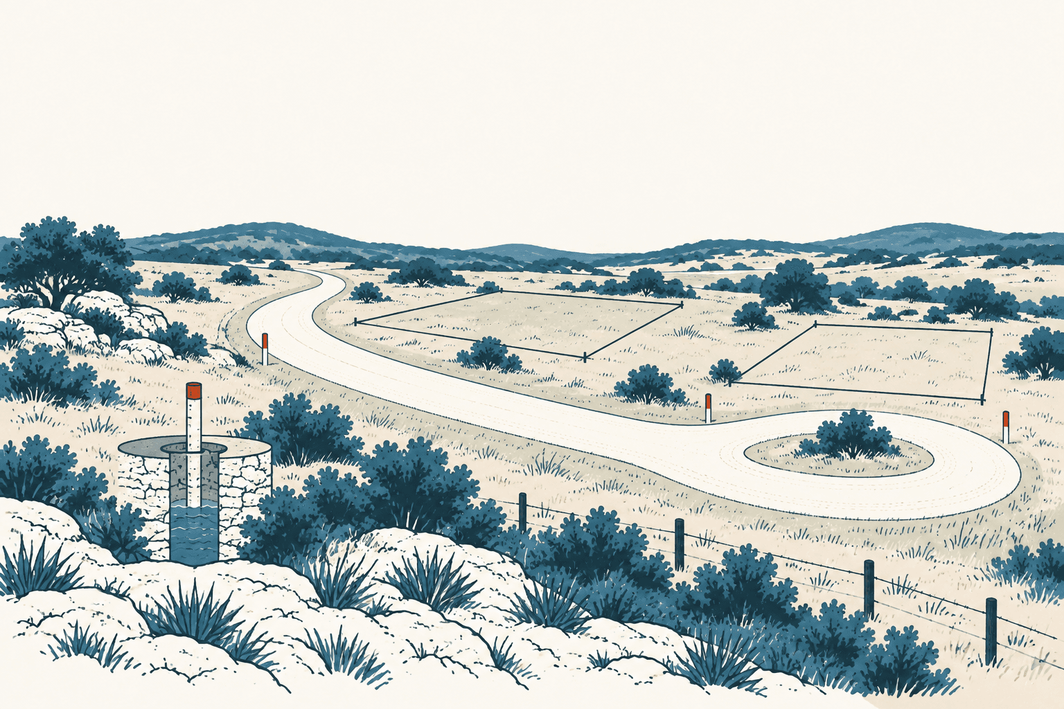 Airy cream and muted-blue illustration of a winding rural road passing outlined subdivision lots, roadside markers and a groundwater well amid scrub-covered hills.