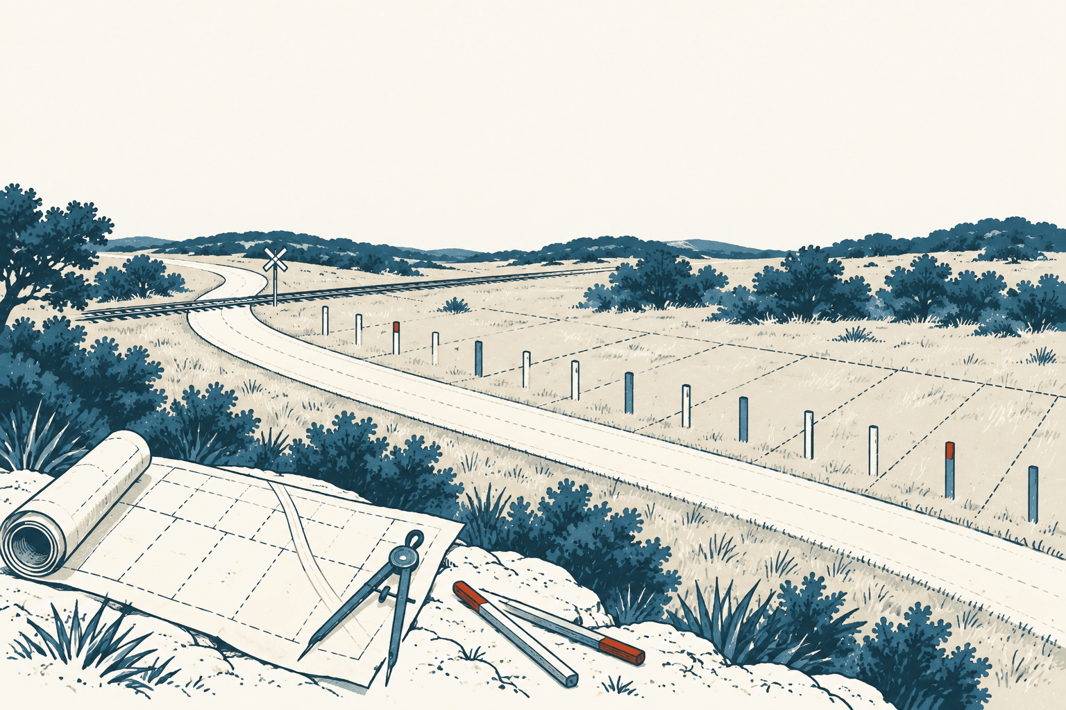 Stylized cream and navy illustration of a rural road crossing divided land, with survey plans, a compass and drafting tools in the foreground.