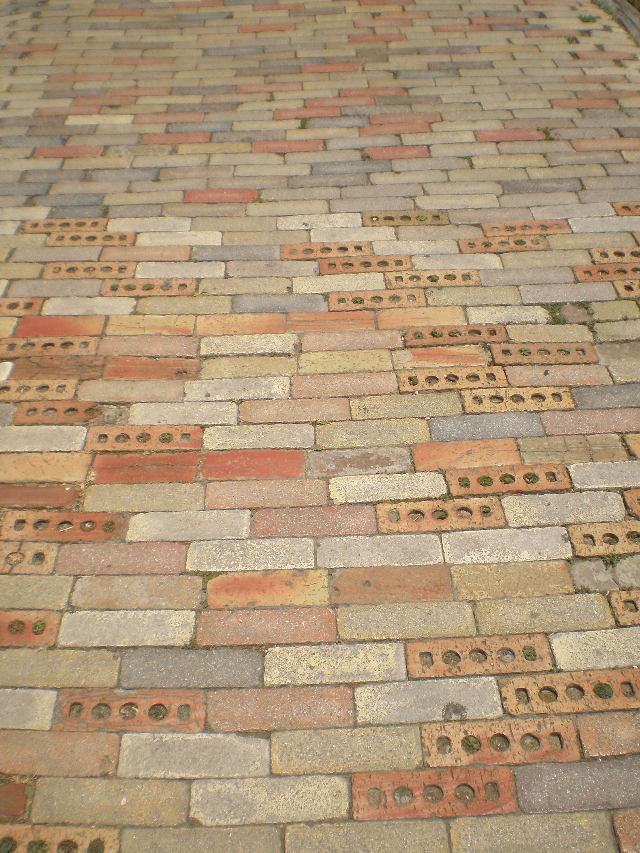A close, angled view down at a footpath paved with a mix of red, orange, buff and grey bricks and concrete blocks of different sizes, laid tightly without mortar. Many bricks have round holes through them and small green plants grow in the gaps.