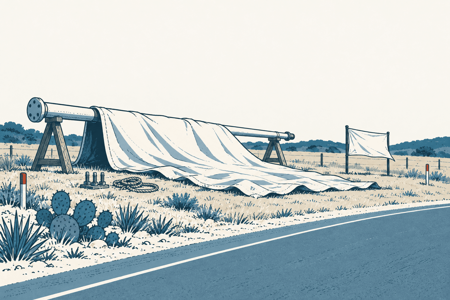 Editorial illustration of a very large blank flag hanging from a long pole beside a road, surrounded by cactus, scrub, fencing and flag-mounting hardware.