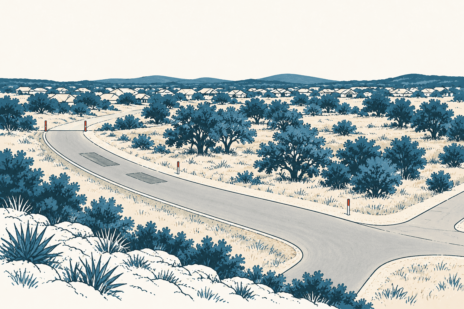 Airy cream, navy and muted-blue illustration of a curving paved road through rocky scrubland, with houses and low hills in the distance.