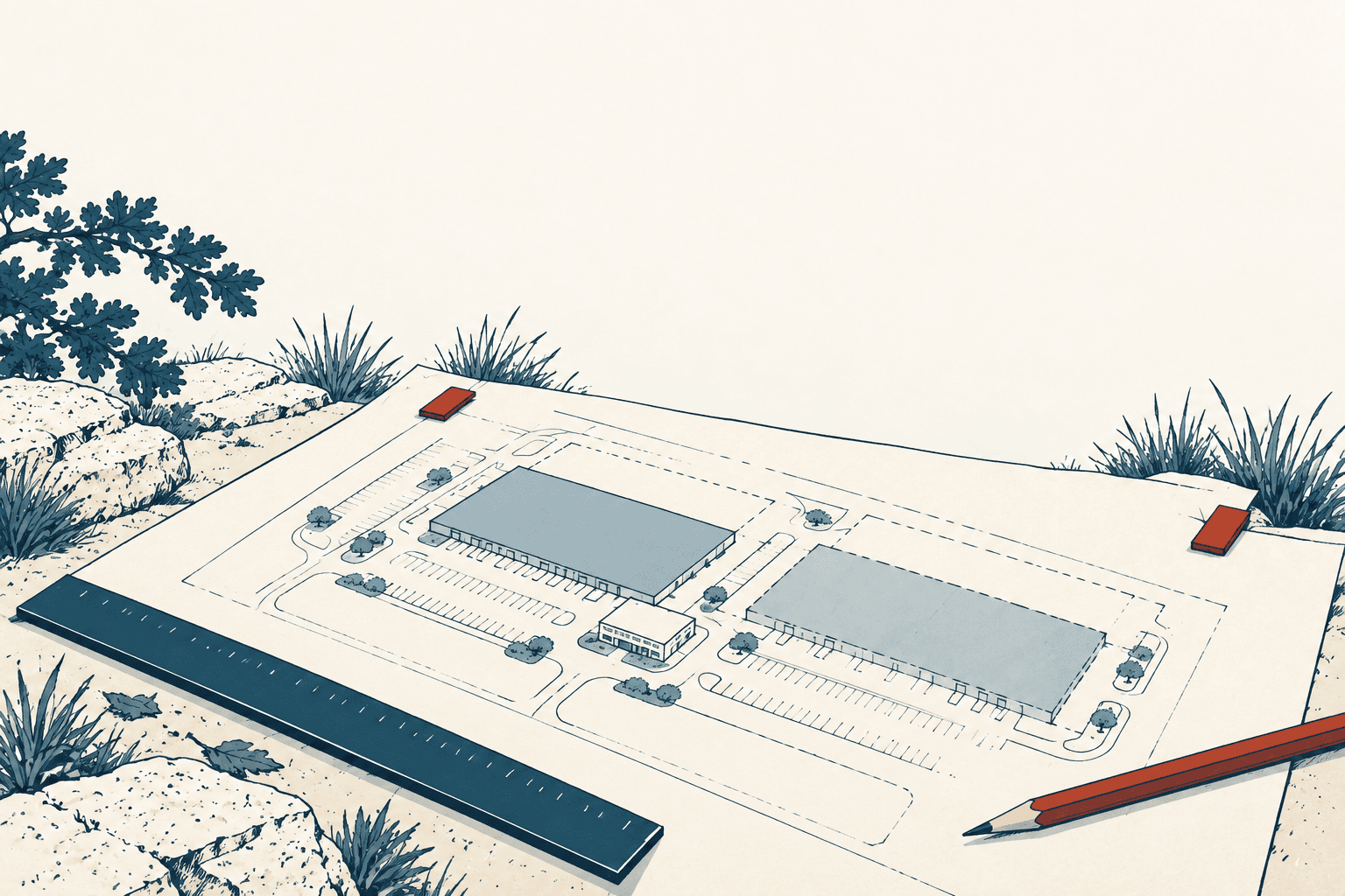 Architectural site plan for two large warehouse buildings and a smaller office, surrounded by parking lots and access roads on a drafting table.