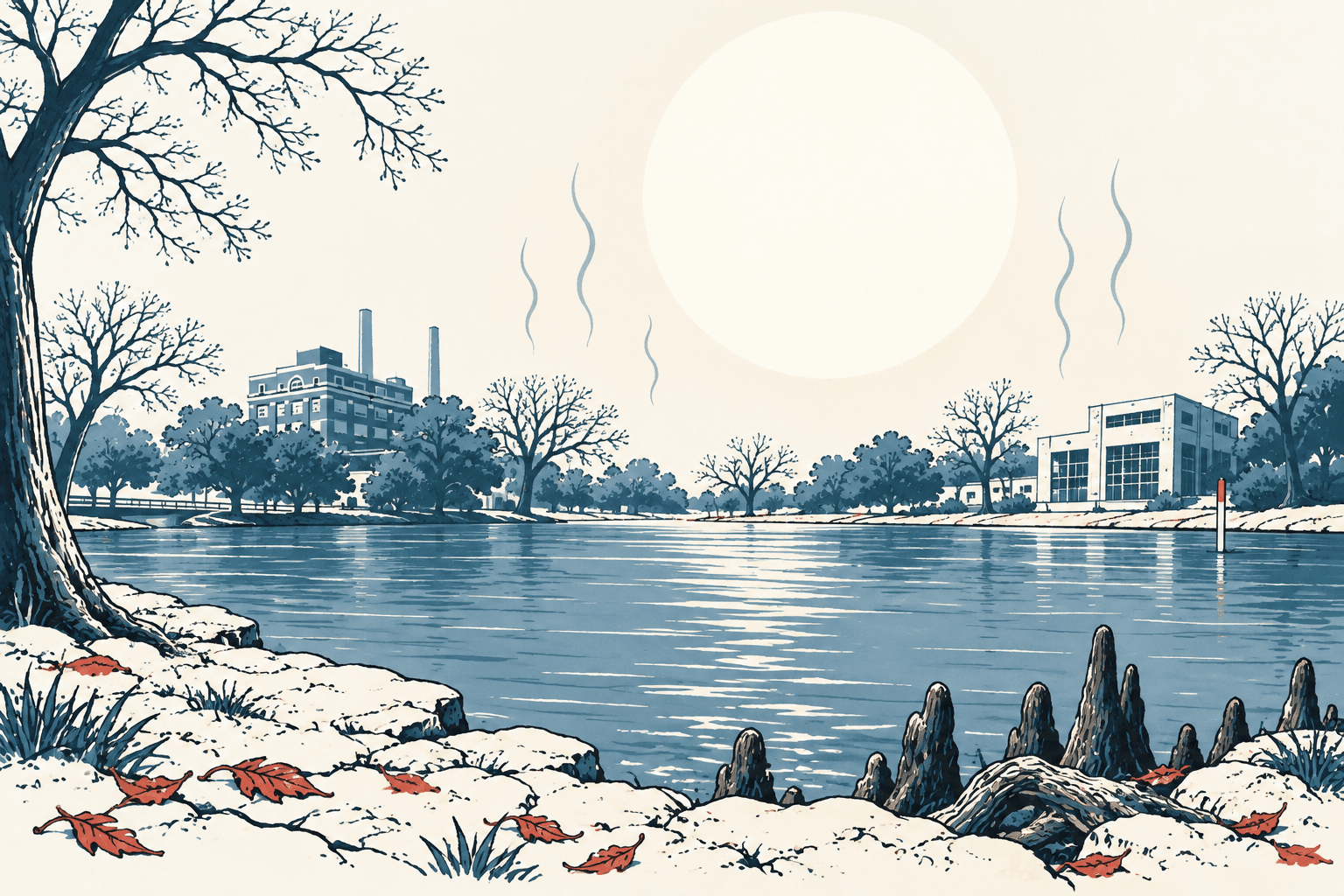 Stylized cream, navy and muted-blue illustration of a glaring sun and heat waves above a river, trees and distant industrial buildings.