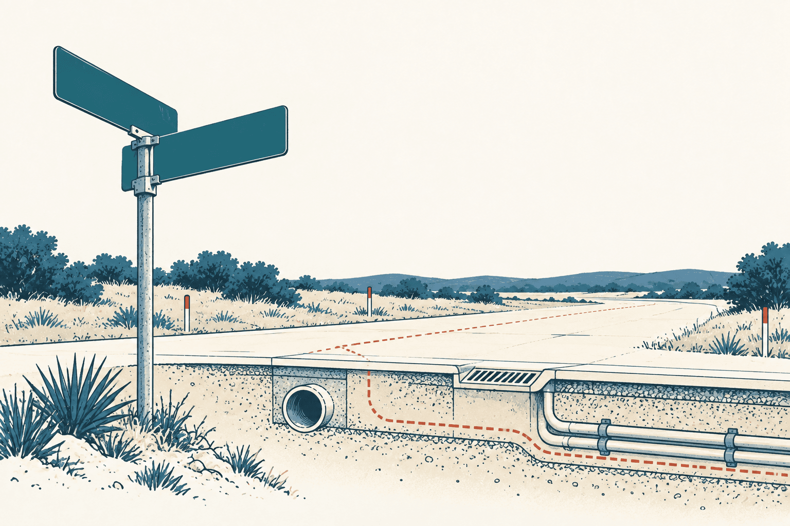 Stylized cream and blue illustration of a rural roadway intersection shown in cutaway, revealing a storm drain, culvert and underground utility lines.