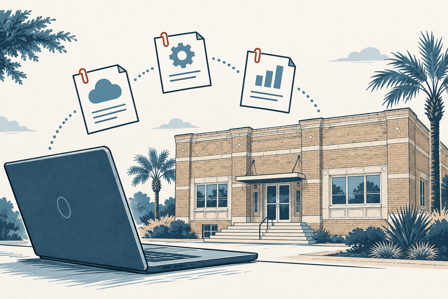 Hand-drawn illustration of an open laptop outside a municipal building, with cloud, settings and chart documents floating overhead.